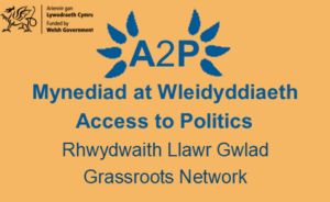 On a muted gold background, the 4 blue DW logo petals surround the letters A2P.  Below is the bilingual project title ‘Access to Politics’ with the Welsh first. Below this is slightly smaller text saying Rhwydwaith Llawr Gwlad / Grassroots network. In the top left corner is a Welsh Government logo in black. On one side is the Welsh Dragon with a line in the middle separating it from text that says: Ariennir gan Lywodraeth Cymru / Funded by Welsh Government.