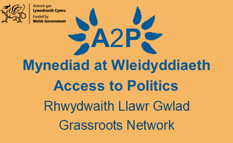 On a muted gold background, the 4 blue DW logo petals surround the letters A2P. Below is the bilingual project title ‘Access to Politics’ with the Welsh first. Below this is slightly smaller text saying Rhwydwaith Llawr Gwlad / Grassroots network. In the top left corner is a Welsh Government logo in black. On one side is the Welsh Dragon with a line in the middle separating it from text that says: Ariennir gan Lywodraeth Cymru / Funded by Welsh Government.